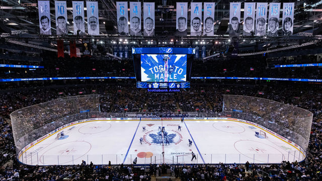 TORONTO, ON - MARCH 10: General view of Scotiabank Arena as Tampa Bay Lightning Center Brayden Point (21) and Toronto Maple Leafs Center Auston Matthews (34) get ready for the opening face-off before the NHL regular season game between the Tampa Bay Lightning and the Toronto Maple Leafs on March 10, 2020, at Scotiabank Arena in Toronto, ON, Canada.