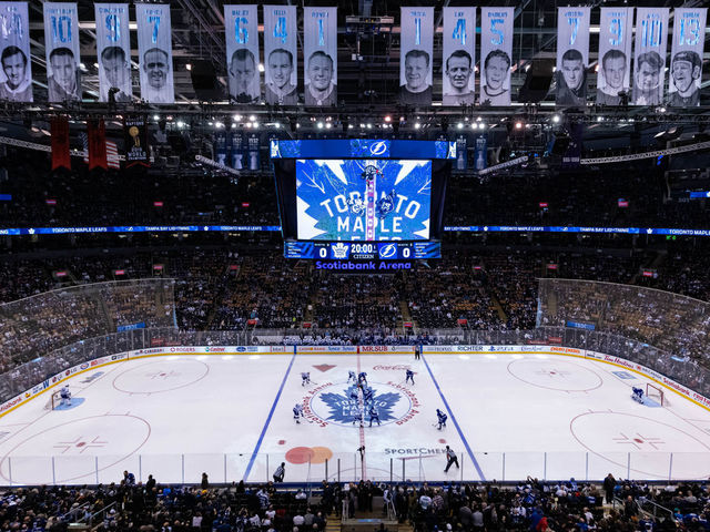 TORONTO, ON - MARCH 10: General view of Scotiabank Arena as Tampa Bay Lightning Center Brayden Point (21) and Toronto Maple Leafs Center Auston Matthews (34) get ready for the opening face-off before the NHL regular season game between the Tampa Bay Lightning and the Toronto Maple Leafs on March 10, 2020, at Scotiabank Arena in Toronto, ON, Canada.