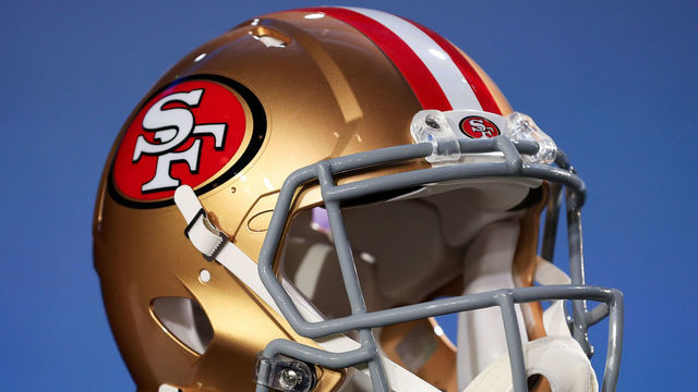 MIAMI, FLORIDA - JANUARY 29: A San Francisco 49ers helmet is displayed prior to a press conference with NFL Commissioner Roger Goodell for Super Bowl LIV at the Hilton Miami Downtown on January 29, 2020 in Miami, Florida. The 49ers will face the Kansas City Chiefs in the 54th playing of the Super Bowl, Sunday February 2nd.