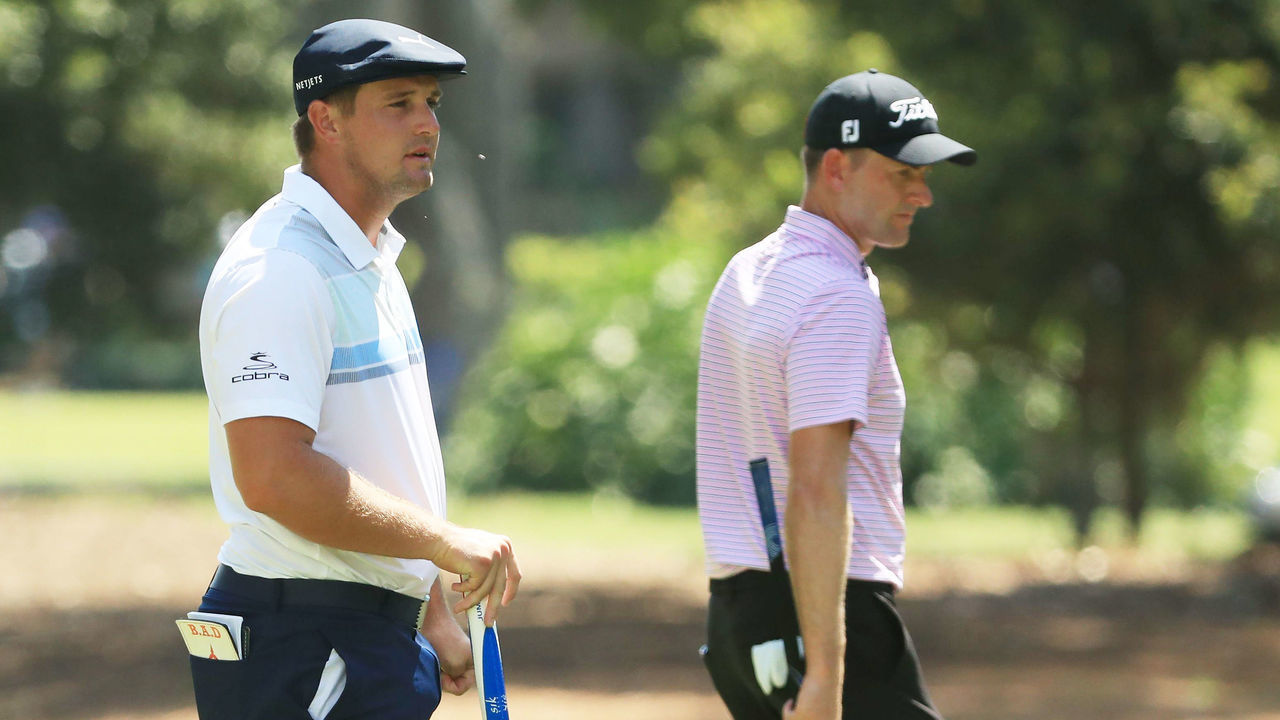HILTON HEAD ISLAND, SOUTH CAROLINA - JUNE 19: Bryson DeChambeau of the United States and Webb Simpson of the United States look on during the second round of the RBC Heritage on June 19, 2020 at Harbour Town Golf Links in Hilton Head Island, South Carolina.