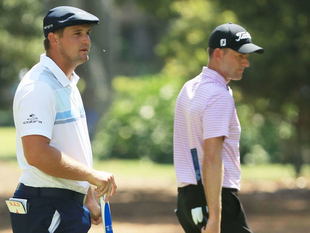HILTON HEAD ISLAND, SOUTH CAROLINA - JUNE 19: Bryson DeChambeau of the United States and Webb Simpson of the United States look on during the second round of the RBC Heritage on June 19, 2020 at Harbour Town Golf Links in Hilton Head Island, South Carolina.