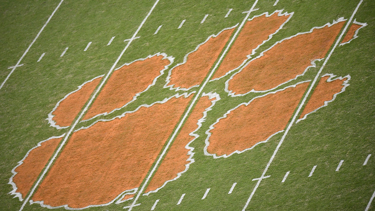 CLEMSON, SOUTH CAROLINA - OCTOBER 26: A general view of the Clemson Tigers' tiger paw logo at midfield during the Tigers' football game against the Boston College Eagles at Memorial Stadium on October 26, 2019 in Clemson, South Carolina.