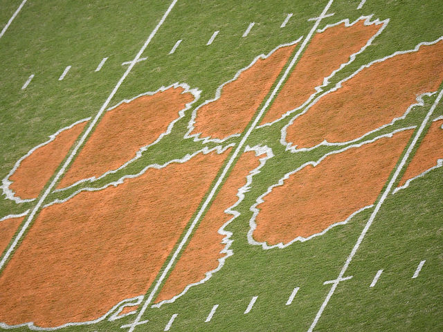 CLEMSON, SOUTH CAROLINA - OCTOBER 26: A general view of the Clemson Tigers' tiger paw logo at midfield during the Tigers' football game against the Boston College Eagles at Memorial Stadium on October 26, 2019 in Clemson, South Carolina.