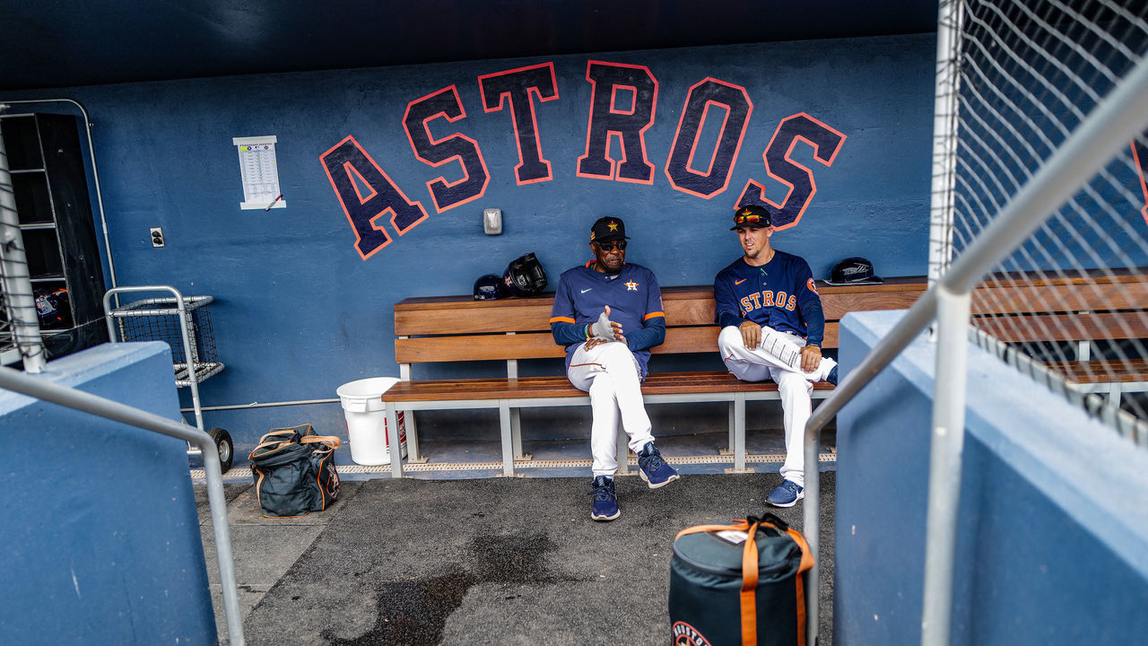WEST PALM BEACH, FLORIDA - MARCH 10: Dusty Baker Jr. #12 of the Houston Astros in the dugout prior to the spring training game against the New York Mets at FITTEAM Ballpark of The Palm Beaches on March 10, 2020 in West Palm Beach, Florida.