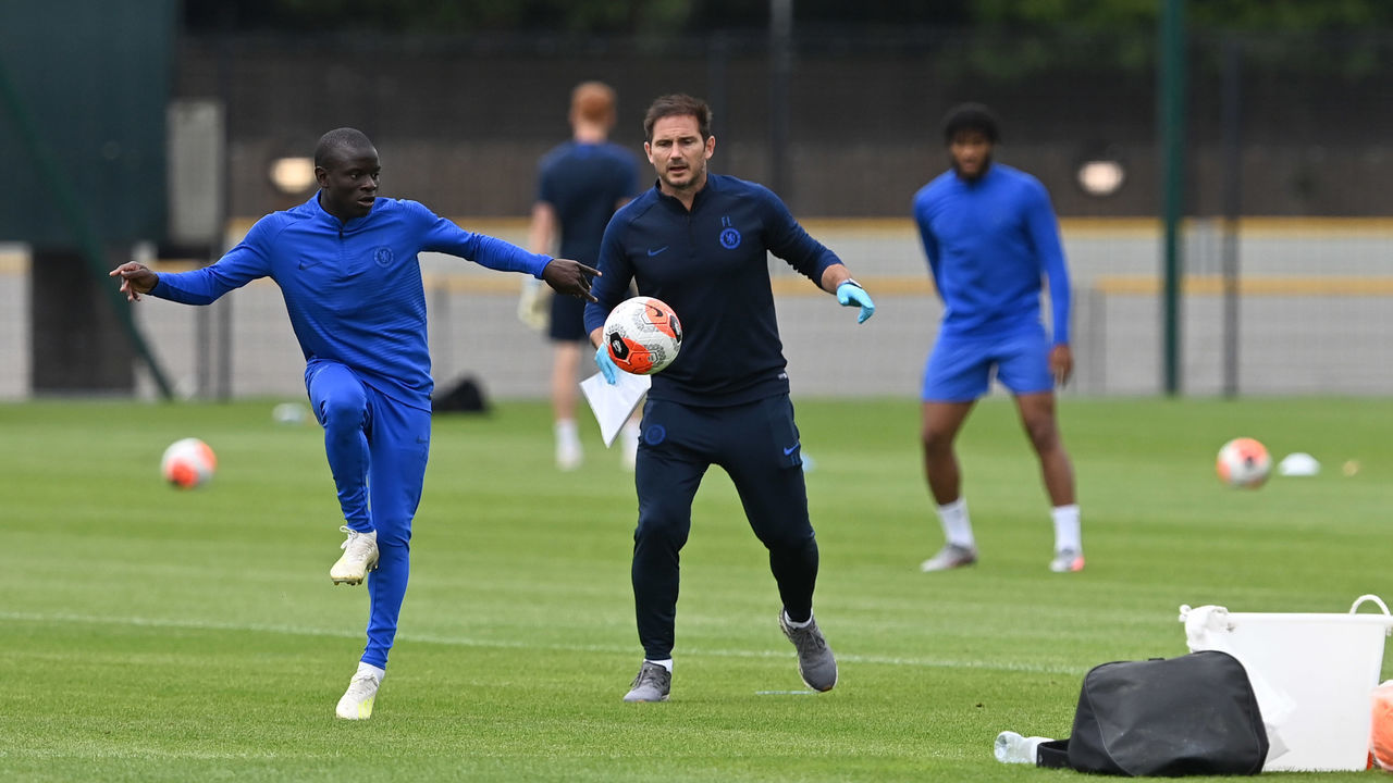 COBHAM, ENGLAND - JUNE 19: Frank Lampard and NGolo Kante of Chelsea during a training session at Chelsea Training Ground on June 19, 2020 in Cobham, England.