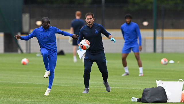 COBHAM, ENGLAND - JUNE 19: Frank Lampard and NGolo Kante of Chelsea during a training session at Chelsea Training Ground on June 19, 2020 in Cobham, England.