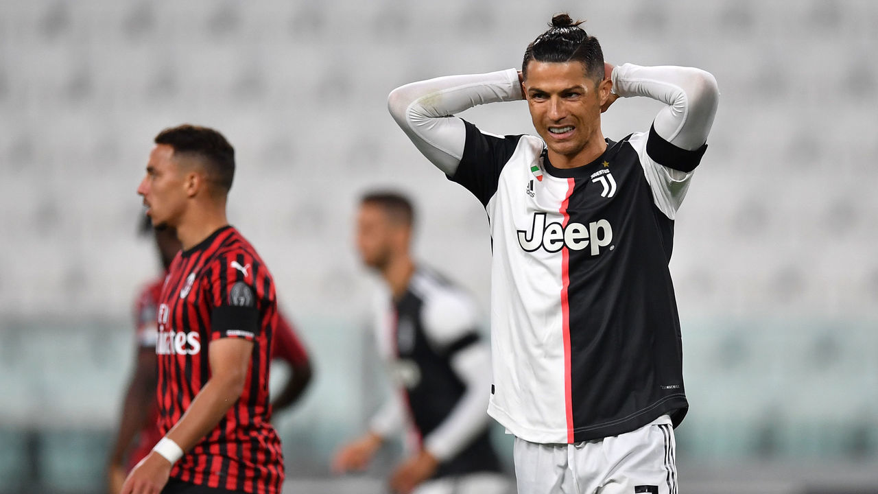 TURIN, ITALY - JUNE 12: Cristiano Ronaldo of Juventus reacts during the Coppa Italia Semi-Final Second Leg match between Juventus and AC Milan at Allianz Stadium on June 12, 2020 in Turin, Italy.