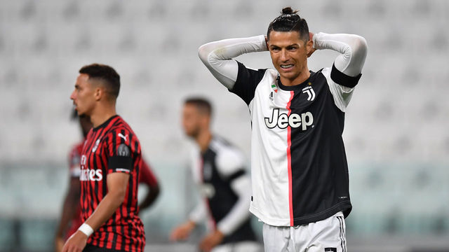 TURIN, ITALY - JUNE 12: Cristiano Ronaldo of Juventus reacts during the Coppa Italia Semi-Final Second Leg match between Juventus and AC Milan at Allianz Stadium on June 12, 2020 in Turin, Italy.