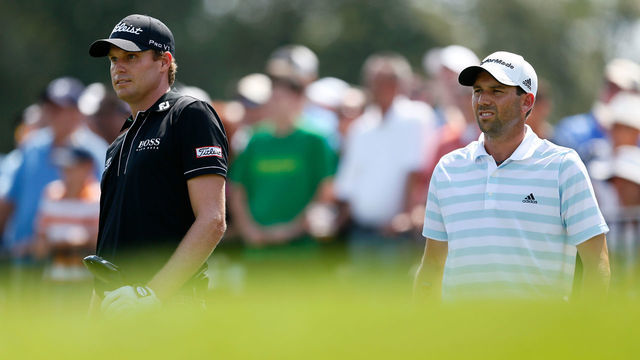 FARMINGDALE, NY - AUGUST 25: (L-R) Nick Watney and Sergio Garcia of Spain look on from the first hole tee box during the third round of The Barclays at the Black Course at Bethpage State Park August 25, 2012 in Farmingdale, New York.