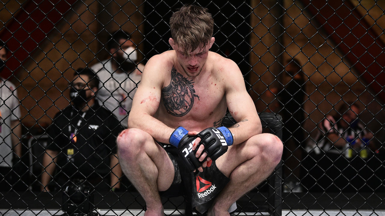 LAS VEGAS, NEVADA - JUNE 20: Max Rohskopf reacts after his loss to Austin Hubbard in their lightweight bout during the UFC Fight Night event at UFC APEX on June 20, 2020 in Las Vegas, Nevada.