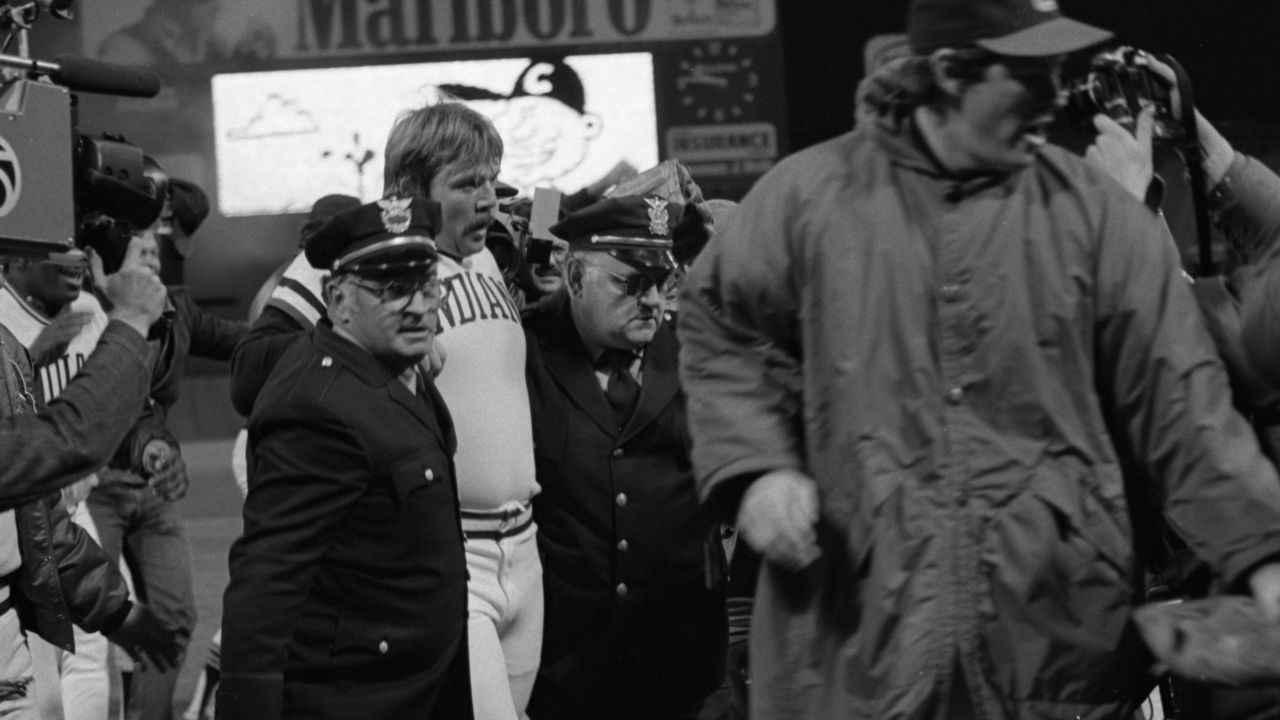 CLEVELAND, OH - MAY 15, 1981: Pitcher Len Barker #39 of the Cleveland Indians is helped off the field after throwing a perfect game on May 15, 1981 against the Toronto Blue Jays at Cleveland Municipal Stadium in Cleveland, Ohio.