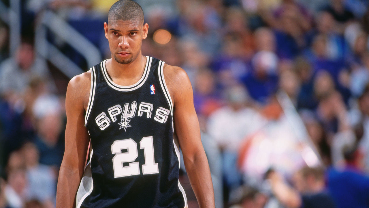 PHOENIX, AZ - 1998: Tim Duncan #21 of the San Antonio Spurs looks on against the Phoenix Suns during Game 1 of the First Round of the Western Conference Playoffs on April 23, 1998 at America West Arena in Phoenix, Arizona. Mandatory Copyright Notice: Copyright 1998 NBAE