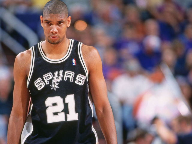 PHOENIX, AZ - 1998: Tim Duncan #21 of the San Antonio Spurs looks on against the Phoenix Suns during Game 1 of the First Round of the Western Conference Playoffs on April 23, 1998 at America West Arena in Phoenix, Arizona. Mandatory Copyright Notice: Copyright 1998 NBAE