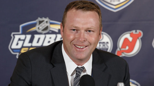 GOTHENBURG, SWE - OCTOBER 6: Martin Brodeur speaks to media before the 2018 NHL Global Series Challenge at Scandinavium on October 6, 2018 in Gothenburg, Sweden.