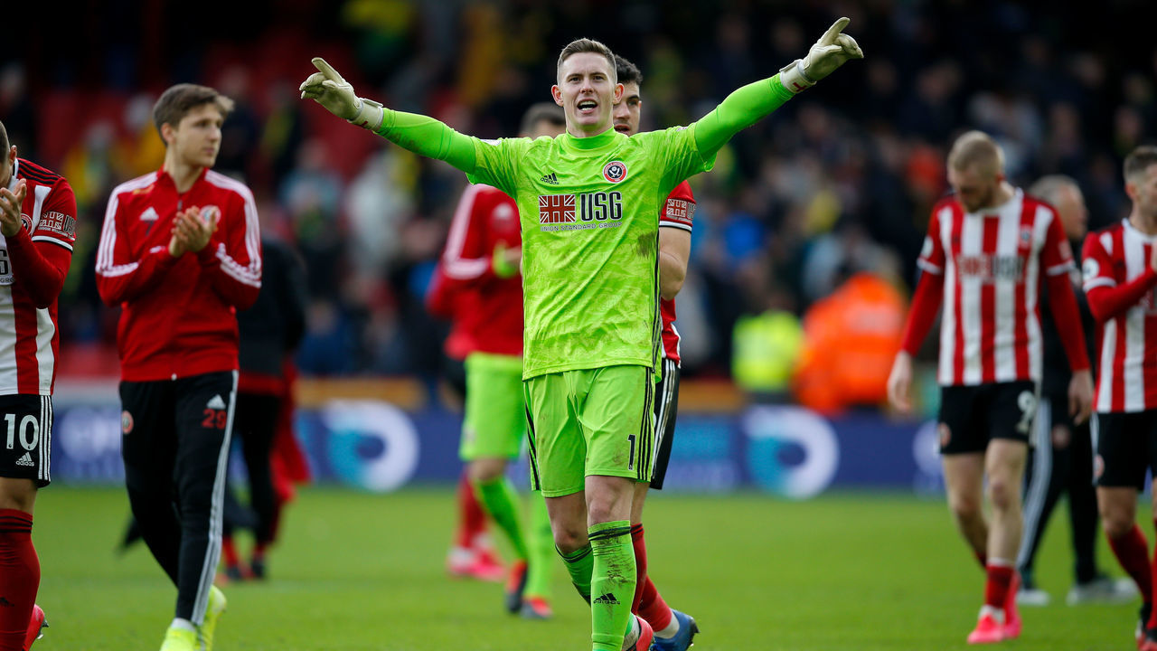 SHEFFIELD, ENGLAND - FEBRUARY 22: Dean Henderson of Sheffield United celebrates winning the Premier League match between Sheffield United and Brighton & Hove Albion at Bramall Lane on February 22, 2020 in Sheffield, United Kingdom.