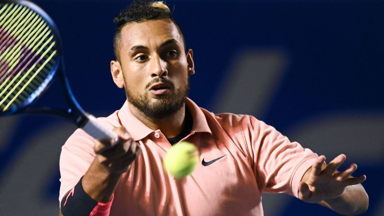 Australia's Nick Kyrgios hits the ball during his Mexico ATP Open 500 men's singles tennis match against France's Ugo Humbert in Acapulco, Guerrero State, Mexico on February 25, 2020.