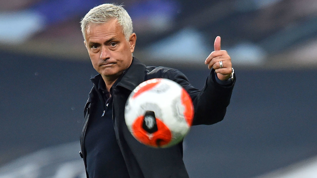 Tottenham Hotspur's Portuguese head coach Jose Mourinho watches from the touchline during the English Premier League football match between Tottenham Hotspur and Manchester United at Tottenham Hotspur Stadium in London, on June 19, 2020.