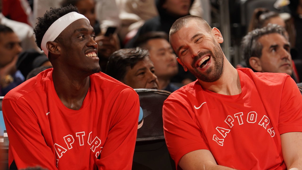 TORONTO, CANADA - DECEMBER 16: Pascal Siakam #43 of the Toronto Raptors and Marc Gasol #33 of the Toronto Raptors laugh during the game against the Cleveland Cavaliers on December 16, 2019 at the Scotiabank Arena in Toronto, Ontario, Canada. Mandatory Copyright Notice: Copyright 2019 NBAE