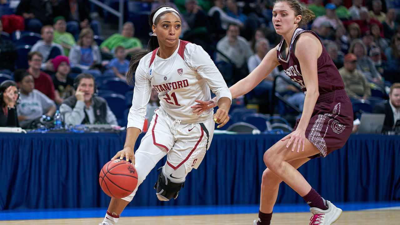 CHICAGO, IL - MARCH 30: Stanford Cardinal guard DiJonai Carrington (21) battles with Missouri State Lady Bears guard Alexa Willard (22) in game action during the Women's NCAA Division I Championship - Third Round game between the Missouri State Lady Bears and the Stanford Cardinal on March 30, 2019 at the Wintrust Arena in Chicago, IL.
