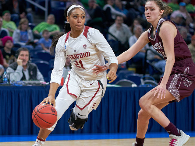 CHICAGO, IL - MARCH 30: Stanford Cardinal guard DiJonai Carrington (21) battles with Missouri State Lady Bears guard Alexa Willard (22) in game action during the Women's NCAA Division I Championship - Third Round game between the Missouri State Lady Bears and the Stanford Cardinal on March 30, 2019 at the Wintrust Arena in Chicago, IL.