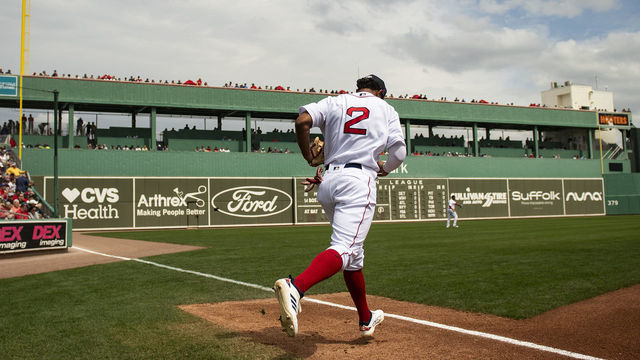 FT. MYERS, FL - MARCH 8: Xander Bogaerts #2 of the Boston Red Sox runs onto the field before a Grapefruit League game against the Minnesota Twins on March 8, 2020 at jetBlue Park at Fenway South in Fort Myers, Florida.