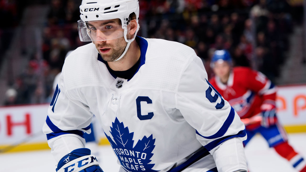 MONTREAL, QC - FEBRUARY 08: John Tavares (91) of the Toronto Maple Leafs skates during the first period of the NHL game between the Toronto Maple Leafs and the Montreal Canadiens on February 8, 2020, at the Bell Centre in Montreal, QC