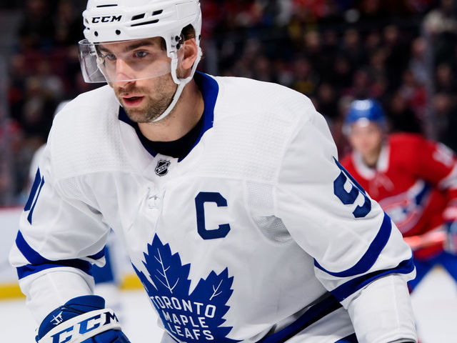 MONTREAL, QC - FEBRUARY 08: John Tavares (91) of the Toronto Maple Leafs skates during the first period of the NHL game between the Toronto Maple Leafs and the Montreal Canadiens on February 8, 2020, at the Bell Centre in Montreal, QC