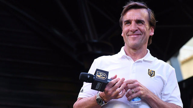 LAS VEGAS, NV - JUNE 13: Vegas Golden Knights President of Hockey Operations and general manager George McPhee smiles as the crowd chants during the team's "Stick Salute to Vegas and Our Fans" event at the Fremont Street Experience on June 13, 2018 in Las Vegas. Nevada. The Golden Knights made it to the Stanley Cup Final in the team's inaugural season, losing to the Washington Capitals four games to one in the series.