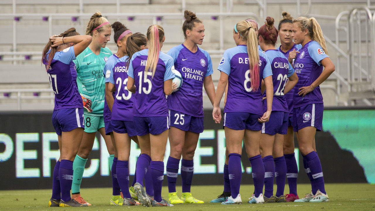 ORLANDO, FL - OCTOBER 05: Orlando players huddle during the soccer match between the Washington Spirit and Orlando Pride on October 5, 2019, at Exploria Stadium in Orlando FL.