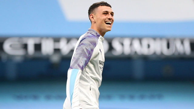 MANCHESTER, ENGLAND - JUNE 17: Phil Foden of Manchester City warms up during the Premier League match between Manchester City and Arsenal FC at Etihad Stadium on June 17, 2020 in Manchester, United Kingdom.