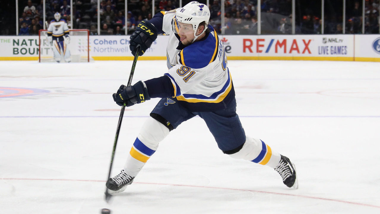 UNIONDALE, NEW YORK - OCTOBER 14: Vladimir Tarasenko #91 of the St. Louis Blues skates against the New York Islanders at NYCB Live's Nassau Coliseum on October 14, 2019 in Uniondale, New York. The Islanders defeated the Blues 3-2 in overtime.