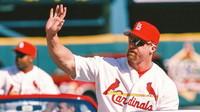ST. LOUIS, MO - MARCH 31: Mark McGwire of the St. Louis Cardinals during the Opening Day game against the Los Angeles Dodgers on March 31, 1998 at Busch Stadium in St. Louis, Missouri.