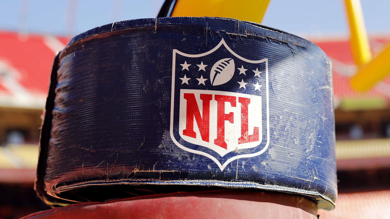 KANSAS CITY, MISSOURI - JANUARY 19: A detail view of the NATIONAL FOOTBALL LEAGUE logo on the goal post stanchion before the AFC Championship Game between the Kansas City Chiefs and the Tennessee Titans at Arrowhead Stadium on January 19, 2020 in Kansas City, Missouri.