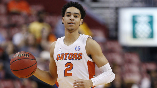 SUNRISE, FLORIDA - DECEMBER 21: Andrew Nembhard #2 of the Florida Gators in action against the Utah State Aggies during the first half of the Orange Bowl Basketball Classic at BB&T Center on December 21, 2019 in Sunrise, Florida.