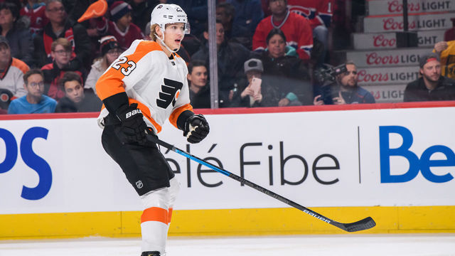 MONTREAL, QC - NOVEMBER 30: Oskar Lindblom (23) of the Philadelphia Flyers skates during the first period of the NHL game between the Philadelphia Flyers and the Montreal Canadiens on November 30, 2019, at the Bell Centre in Montreal, QC