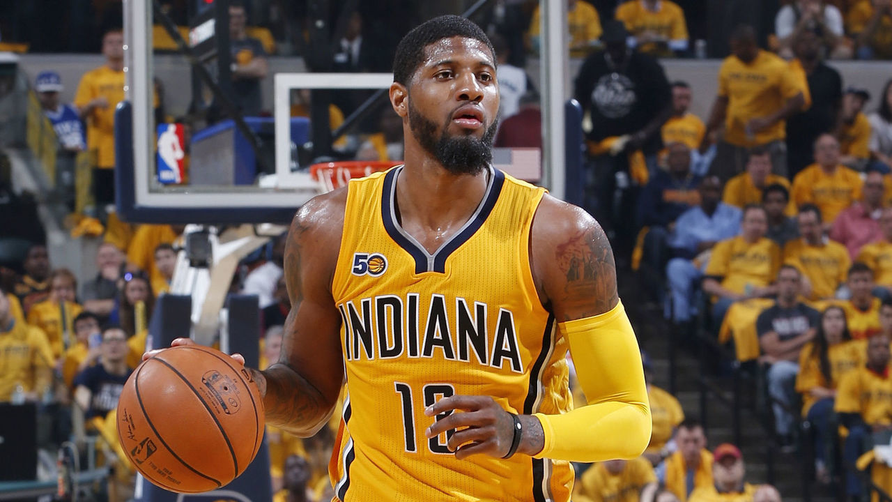 INDIANAPOLIS, IN - APRIL 20: Paul George #13 of the Indiana Pacers handles the ball against the Cleveland Cavaliers in game three of the Eastern Conference Quarterfinals during the 2017 NBA Playoffs at Bankers Life Fieldhouse on April 20, 2017 in Indianapolis, Indiana. The Cavaliers defeated the Pacers 119-114 to take a 3-0 lead in the series. NOTE TO USER: User expressly acknowledges and agrees that, by downloading and or using the photograph, User is consenting to the terms and conditions of the Getty Images License Agreement.