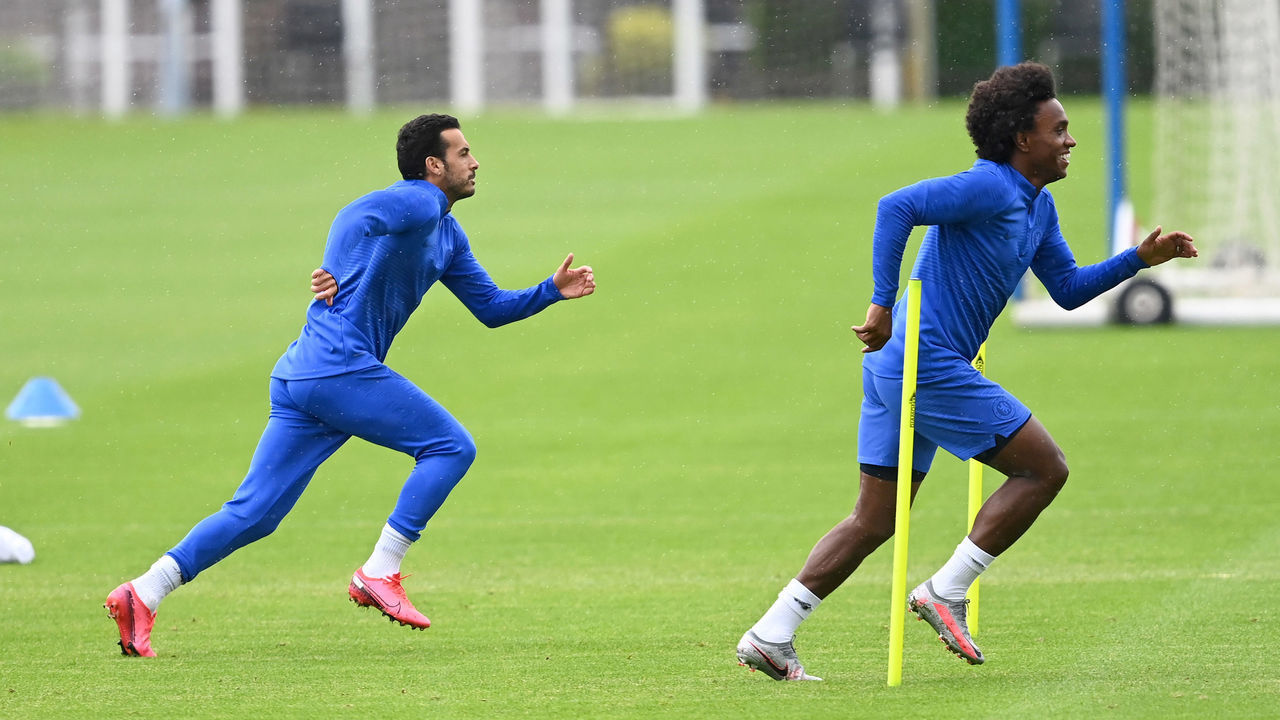 COBHAM, ENGLAND - JUNE 18: Pedro and Willian of Chelsea during a training session at Chelsea Training Ground on June 18, 2020 in Cobham, England.