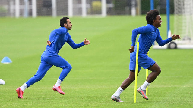 COBHAM, ENGLAND - JUNE 18: Pedro and Willian of Chelsea during a training session at Chelsea Training Ground on June 18, 2020 in Cobham, England.
