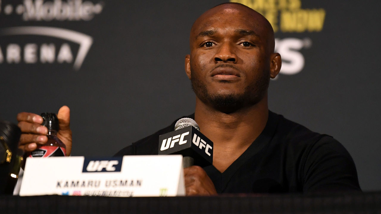NEW YORK, NY - NOVEMBER 01: UFC welterweight champion Kamaru Usman interacts with media during the UFC 245 press conference at the Hulu Theatre at Madison Square Garden on November 1, 2019 in New York, New York.