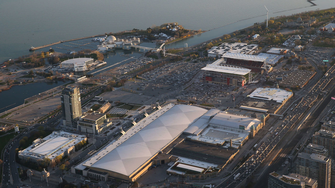 TORONTO, CANADA - MAY 3: An aerial view of the grounds of the CNE at Exhibition Place and BMO Field and Ontario Place in the background on May 3, 2017 in Toronto, Ontario, Canada. *** Local Caption ***