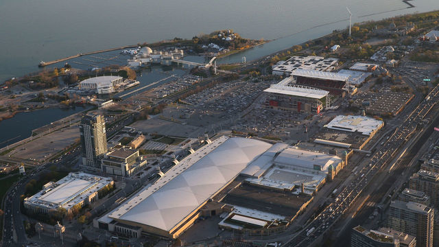TORONTO, CANADA - MAY 3: An aerial view of the grounds of the CNE at Exhibition Place and BMO Field and Ontario Place in the background on May 3, 2017 in Toronto, Ontario, Canada. *** Local Caption ***