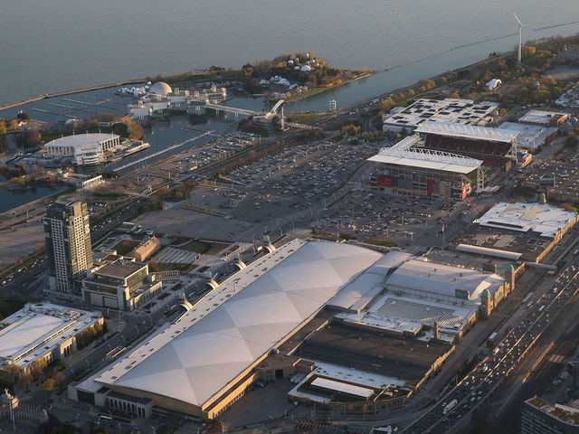 TORONTO, CANADA - MAY 3: An aerial view of the grounds of the CNE at Exhibition Place and BMO Field and Ontario Place in the background on May 3, 2017 in Toronto, Ontario, Canada. *** Local Caption ***