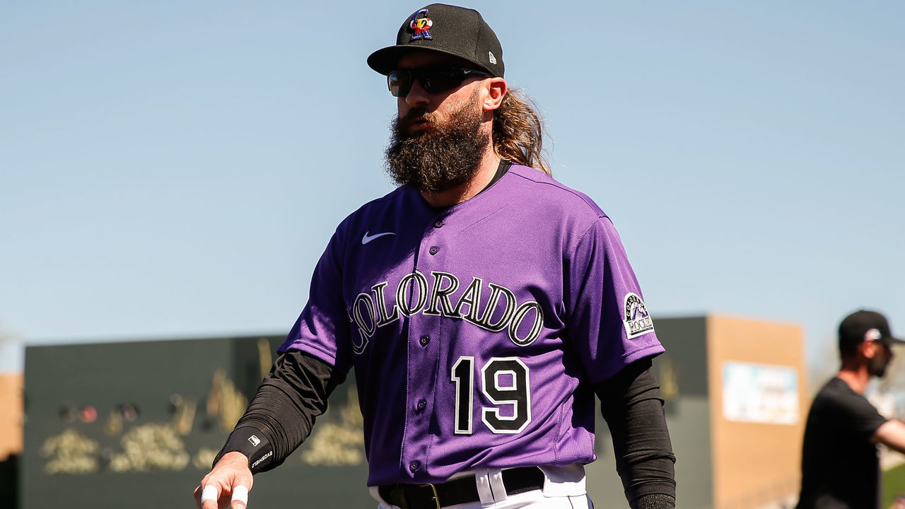 SCOTTSDALE, AZ - MARCH 03: Colorado Rockies right fielder Charlie Blackmon (19) looks on before the spring training MLB baseball game between the Chicago Cubs and the Colorado Rockies on March 3, 2020 at Salt River Fields at Talking Stick in Scottsdale, Arizona.