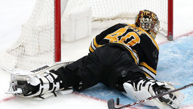 BOSTON - NOVEMBER 21: Boston Bruins goaltender Tuukka Rask (40) makes a diving, sprawling save with the Buffalo Sabres on the power play and the score at 3-1 in the third period. The Boston Bruins host the Buffalo Sabres in a regular season NHL hockey game at TD Garden in Boston on Nov. 21, 2019.