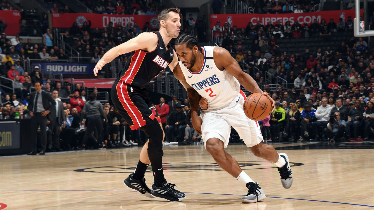 LOS ANGELES, CA - FEBRUARY 5: Kawhi Leonard #2 of the LA Clippers handles the ball during the game against the Miami Heat on February 5, 2020 at STAPLES Center in Los Angeles, California. NOTE TO USER: User expressly acknowledges and agrees that, by downloading and/or using this Photograph, user is consenting to the terms and conditions of the Getty Images License Agreement. Mandatory Copyright Notice: Copyright 2020 NBAE