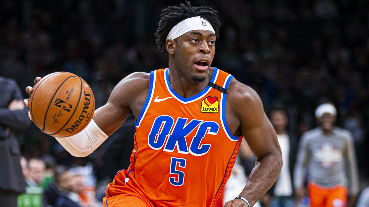 BOSTON, MA - MARCH 8: Luguentz Dort #5 of the Oklahoma City Thunder handles the ball during the game against the Boston Celtics on March 8, 2020 at the TD Garden in Boston, Massachusetts. Mandatory Copyright Notice: Copyright 2020 NBAE