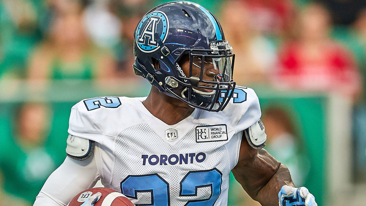 REGINA, SK - JULY 01: James Wilder Jr. #32 of the Toronto Argonauts runs with the ball in the first half of the game between the Toronto Argonauts and Saskatchewan Roughriders at Mosaic Stadium on July 1, 2019 in Regina, Canada.