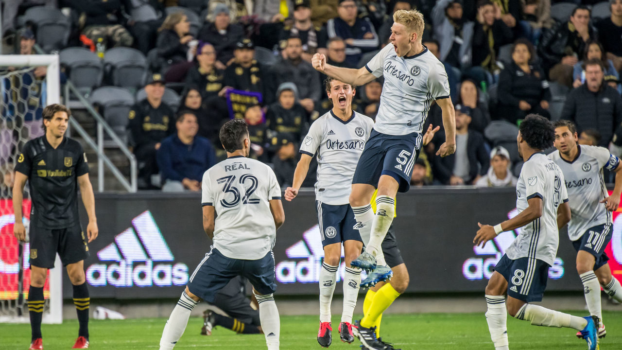 LOS ANGELES, CA - MARCH 8: Jakob Glesnes #5 of Philadelphia Union celebrates his goal on a free kick against Los Angeles FC during the MLS match at the Banc of California Stadium on March 8, 2020 in Los Angeles, California. The match ended in a 3-3 draw.