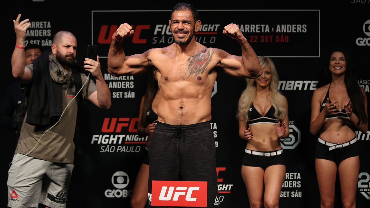SAO PAULO, BRAZIL - SEPTEMBER 21: Antonio Rogerio Nogueira of Brazil poses on the scale during the UFC Fight Night weigh-in at Ibirapuera Gymnasium on September 21, 2018 in Sao Paulo, Brazil.