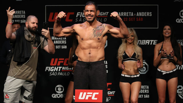 SAO PAULO, BRAZIL - SEPTEMBER 21: Antonio Rogerio Nogueira of Brazil poses on the scale during the UFC Fight Night weigh-in at Ibirapuera Gymnasium on September 21, 2018 in Sao Paulo, Brazil.